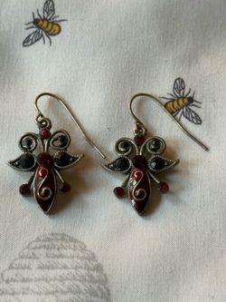 Bug Dangle Earrings with Red and Black Stones