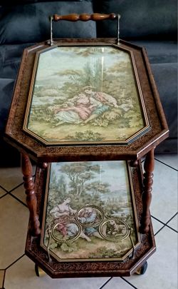 Vintage Woven Tapestry 2-Tiered Italian Wood and Glass Tea Service Trolley Cart
