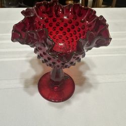 Vintage Fenton Ruby Red Hobnail Compote Dish
