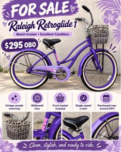 Raleigh Retroglide 1 Beach Cruiser – Purple