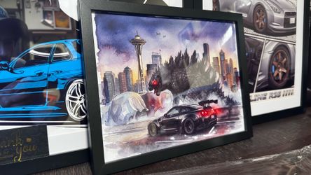 Godzilla and Nissan GT-R Seattle Skyline Framed Art Print