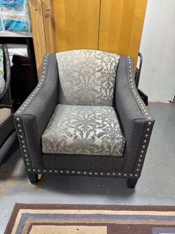 Gray Damask Accent Chair with Nailhead Trim