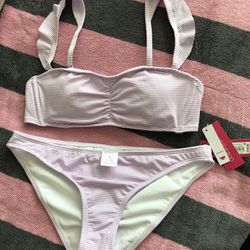 Xhilaration Bikini Womens Purple White Striped Ruffle Swim Poly Blend, Size M