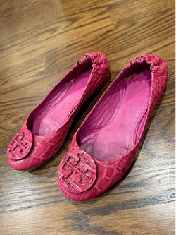 Tory Burch Reva Fuchsia Croc Embossed Leather Ballet Flats Women’s Size 7M