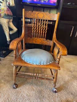 Antique Oak Armchair with Carved Back