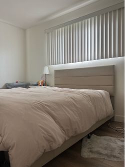 Queen Upholstered Bed Frame + Queen Mattress – Excellent Condition