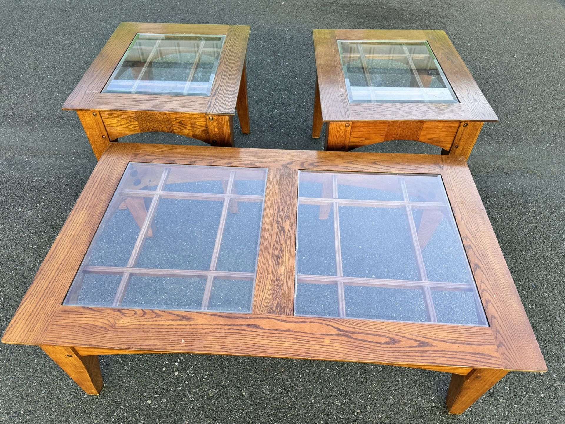 Oak Glass Top Coffee Table With End Tables