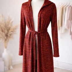 Red hooded cardigan / long knit jacket – Size S