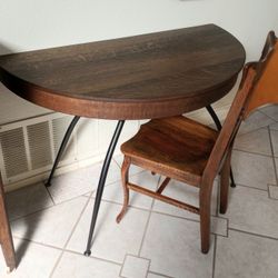 Refinished Oak Half Moon Writing Table/vanity With Spider Legs And Chair
