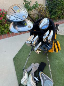 Ladies golf clubs right hand (taylormade driver and woman ,Callaway irons with putter and yellow Mizuno kick stand golf bag )