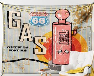 Route US 66 Highway Gasoline Service Station Open 24 Hour Wall Tapestry 37"× 28"
