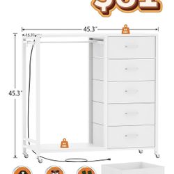 😀 Cyclysio Dresser for Bedroom with Clothes Rack, 5 Drawers Dresser with Charging Station & LED Lights, White Storage Chest of Drawers with Wheels
