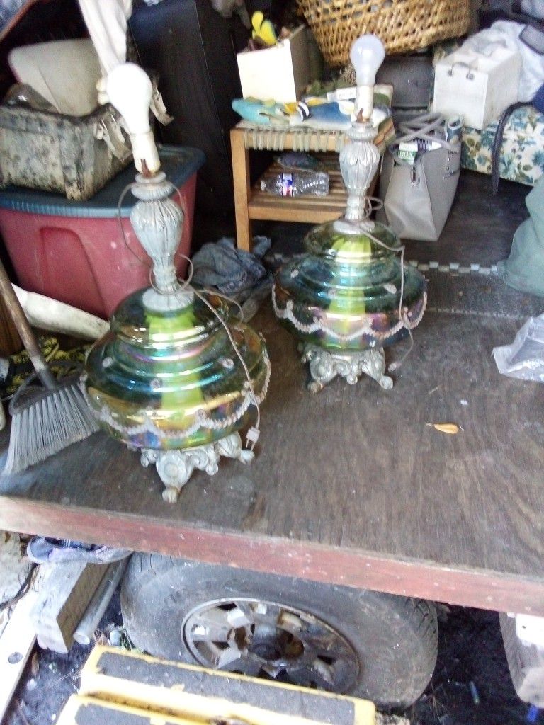 Green Glass ANTIQUE Lamps - 50s