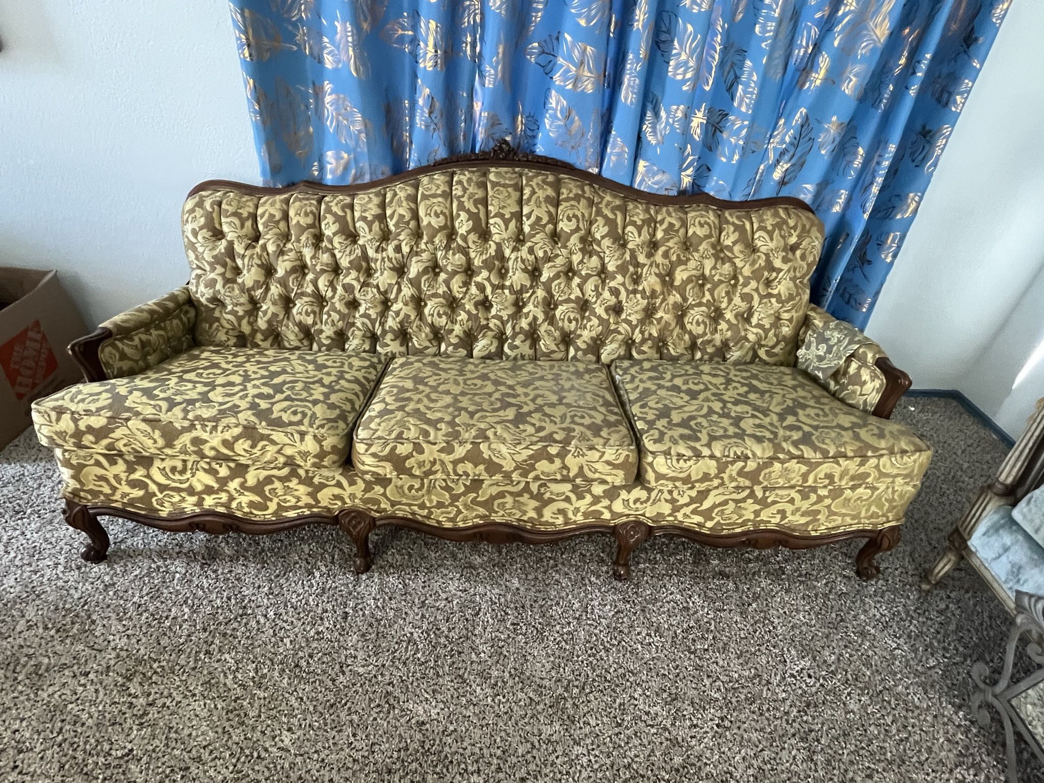 Vintage Gold Brocade Sofa And Chair
