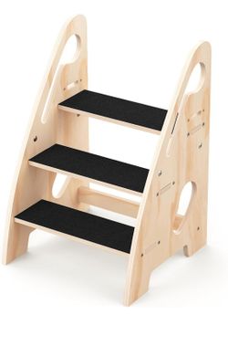 Toddler Step Stool, Wooden Height-Adjustable 3-Step Stool for Kids, Potty Training Stool with Handles and Non-Slip Pads for Bathroom Sink, Kitchen, Be