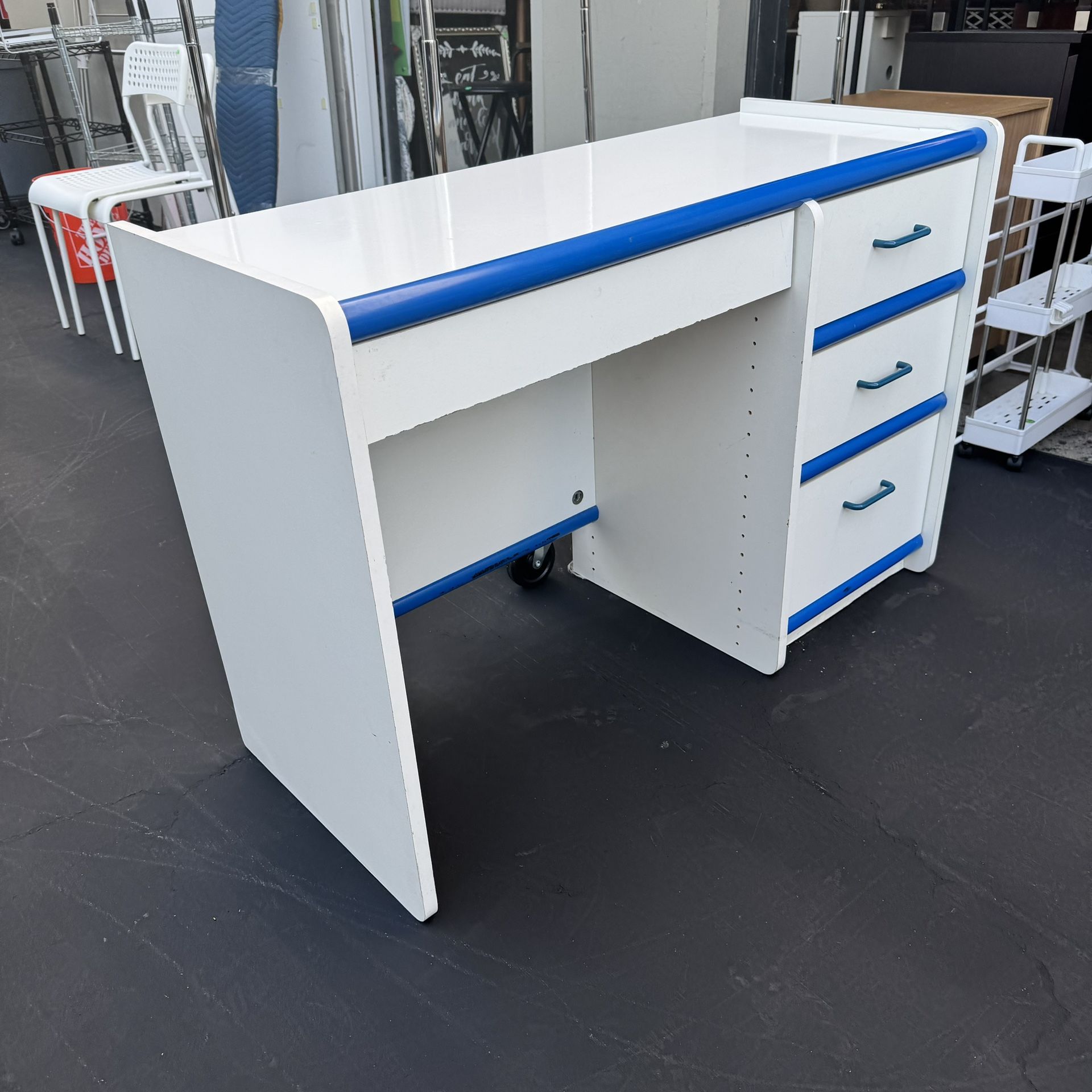 White/Blue Postmodern Desk with Drawers 