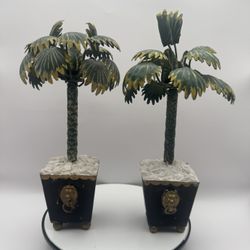 Vintage Stricking Pair Of Tole Palm Trees Topiaries Candlesticks 1970’s 10x5x5