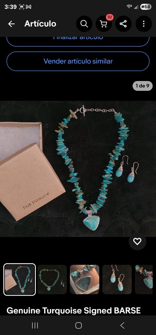 Genuine Turquoise Signed BARSE Thai Silver 925 Necklace & Peruvian Earrings