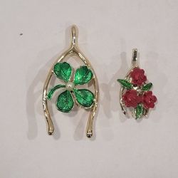 Set Of 2 Gerrys Gold Tone Enamel Wishbone Green Shamrock & Red Roses Brooch Pins