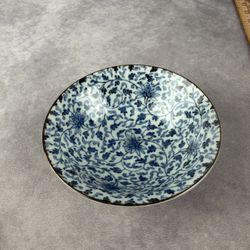 Japanese Blue White Floral Rice Bowl 5.5” Porcelain Made in Japan