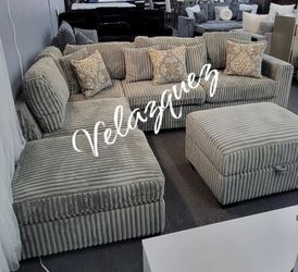 ✅️✅️3 pc smoke grey wide welt corduroy fabric sectional sofa with USB plugs square arms with chaise and storage ottoman✅️