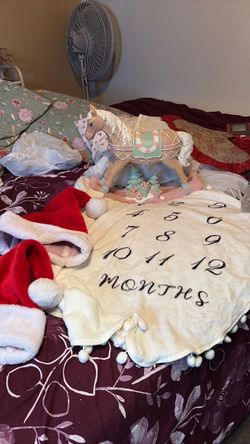 Heavy Ceramic Rocing Horse and 2 red hats, Baby Monthly Milestone Blanket