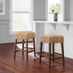 Backless Natural Beige Woven Hyacinth Counter Stool with Walnut Legs

