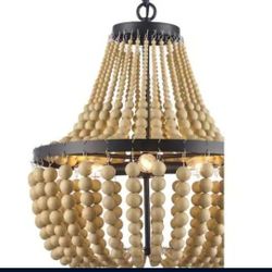 Chandelier In Bronze With Natural Faux Wood Beaded Shades Cayman 3 Lights