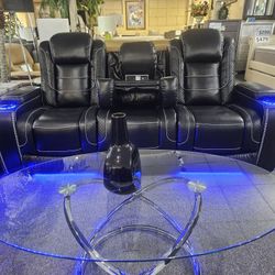 Brand New Black Bonded Leather Movie Theater Power Reclining Loveseat With Wireless Charging, Cup Holders, Storage Armrests