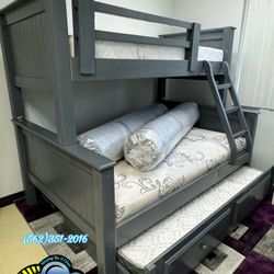 Grey Solid Bunk Bed Twin Full Twin With Mattresses