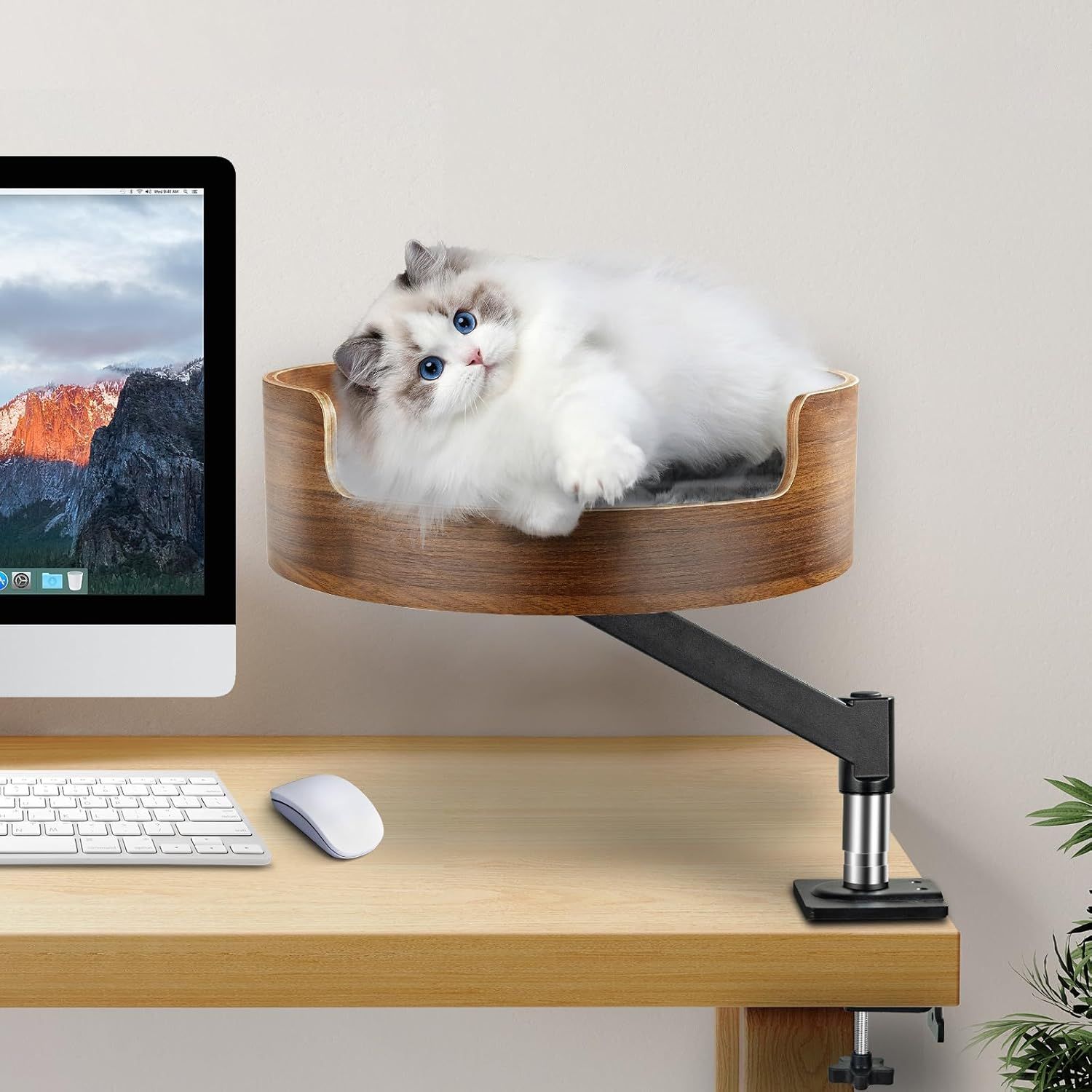 Cat Desk Bed Wood,Desk Cat Bed with 26lbs Strong Load-Bearing,Cats Bed for Desk 360° Adjustable Elevated & Thick Metal Stand,Stable and Safe,Suits Hom