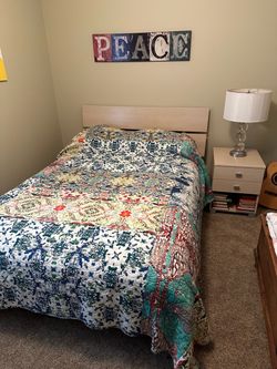 Full size bed frame, mattress, and night stand