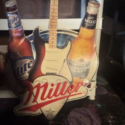 Miller Genuine Draft Light Beer Metal Tin Fender Guitar Sign MGD Music Man Cave