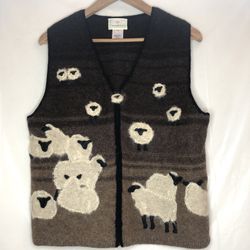 🐑  Vintage 1999 Susan Bristol 3D Sheep Lambs Front Zip Shetland Wool Size M Vest
