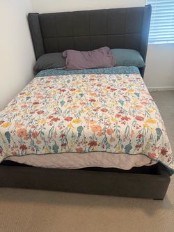 Dark Gray Upholstered Bed Frame with Wingback Headboard with queen mattress