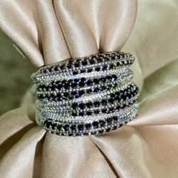 NWOT Silver Tone Multi Layer Stacking Black Onyx Cocktail Party Ring in Size 7