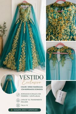 💚 VESTIDO DE ENSUEÑO – VERDE ESMERALDA CON DORADO 💚