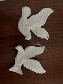 White Bisque Porcelain Dove Ornaments Glitter Trim Set of 2