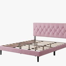 Upholstered Bed Frame with Headboard, Strong Wood Slat Support- KING 