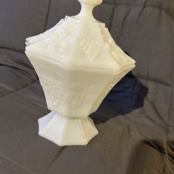 Vintage MCM White Milk Glass Pedestal Candy Dish/ Bathroom Accessory Jar
