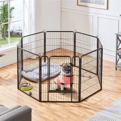 31.5"H 8-Panel Steel Dog Playpen with Door, Black