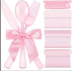Minatee 25 Sets Pink Plastic Cutlery Set With Twist Tie Bows, Heavy Duty Tableware Disposable Pink Forks Knives And Spoons Silverware Utensils Set For