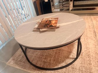 Modern Round Coffee Table – Gray Marble Look / Black Metal Base