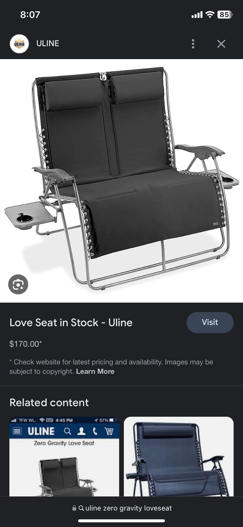 Uline Zero Gravity Loveseat Reclining Patio Chair for Sale in