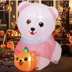 COMIN 5FT Halloween Inflatables Dog Outdoor Decorations Pomeranian with Pumpkin Blow Up Yard Decoration with Built-in LED for Yard Garden Party Lawn