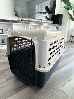 Large Petmate plastic dog travel crate with a strong metal door and plenty of ventilation.