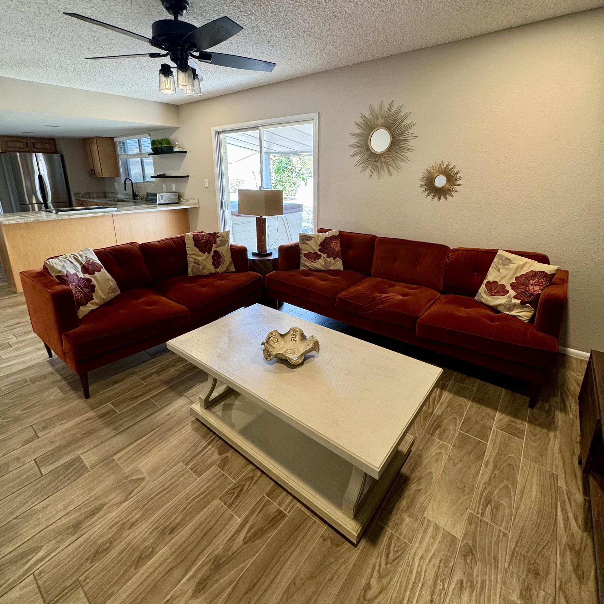 Mid-century modern rust velvet sofa set