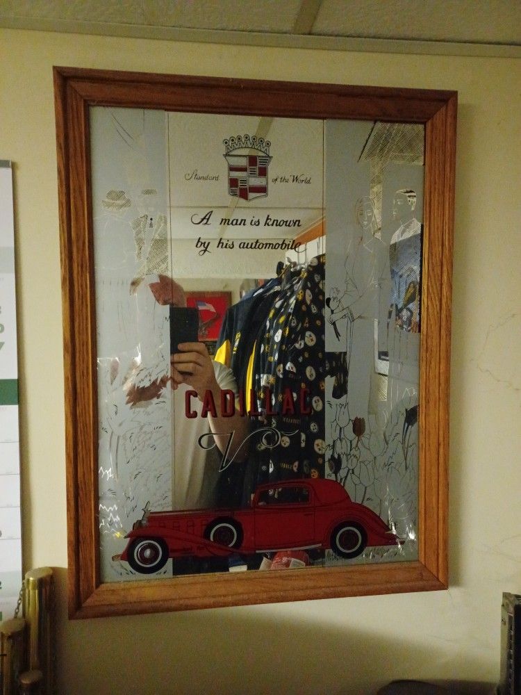 Vintage Cadillac Oak Framed Mirror