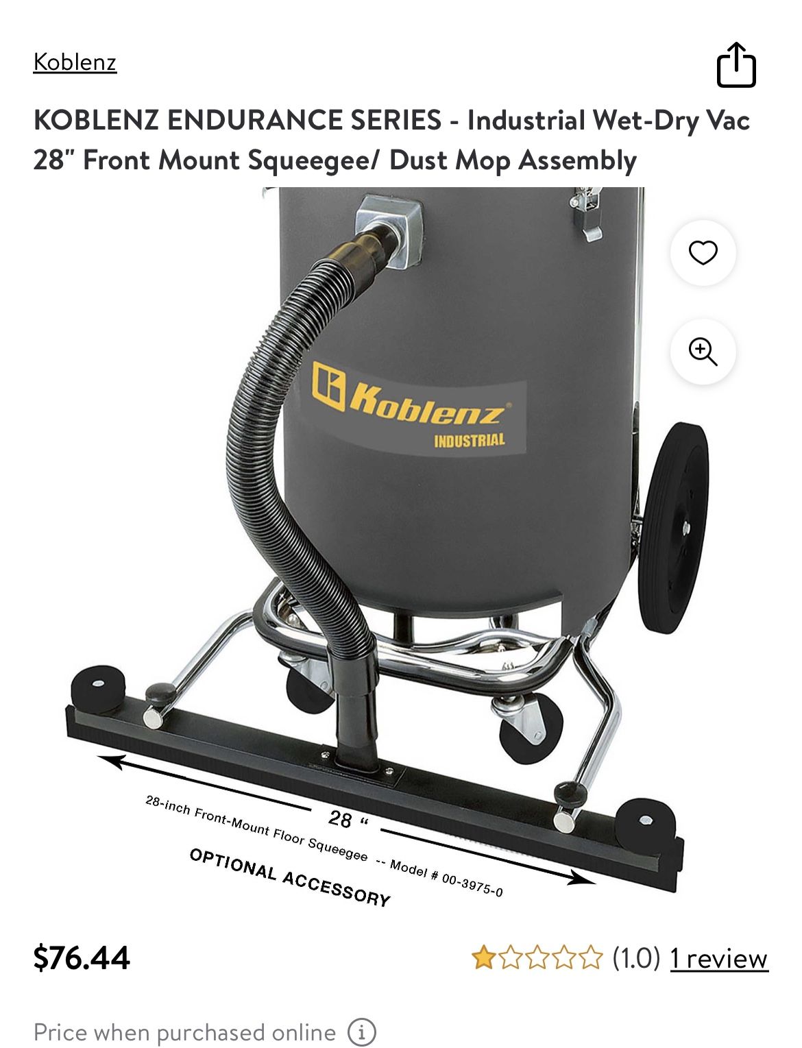 KOBLENZ ENDURANCE SERIES - Industrial Wet-Dry Vac 28" Front Mount Squeegee/ Dust Mop Assembly