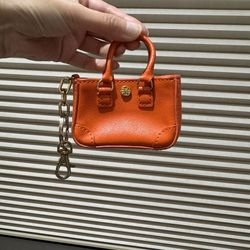 Tory Burch classic signature orange leather mini tote key fob chain charm